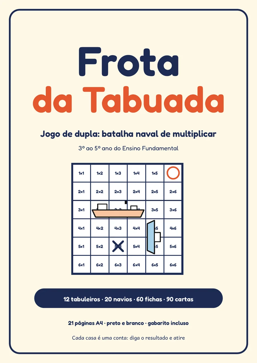 Capa do kit Frota da Tabuada, em A4, em azul-marinho e laranja