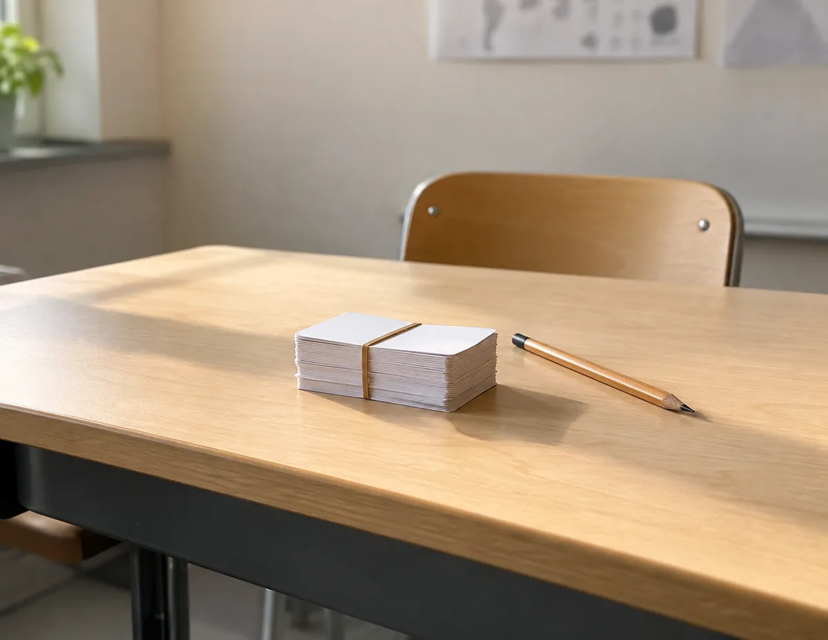 Pilha de fichinhas de papel em branco presas com elástico sobre a carteira escolar. Imagem ilustrativa