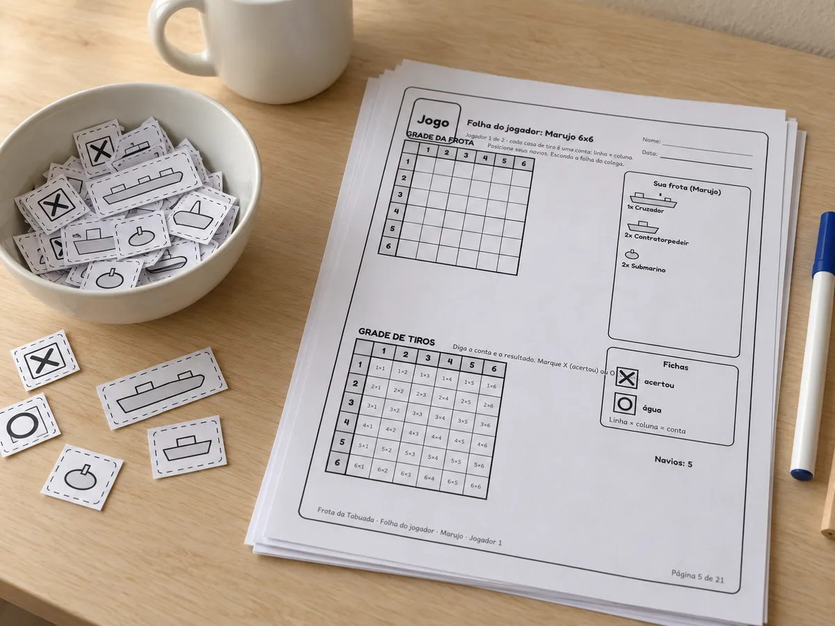 Tigela com fichas e pequenos navios de papel recortados, ao lado de uma pilha de folhas impressas do jogo