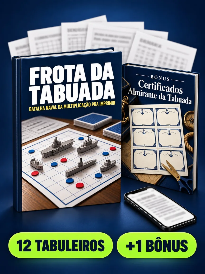 Montagem ilustrativa do Frota da Tabuada: livro com a capa, páginas do material e celular e capas dos bônus