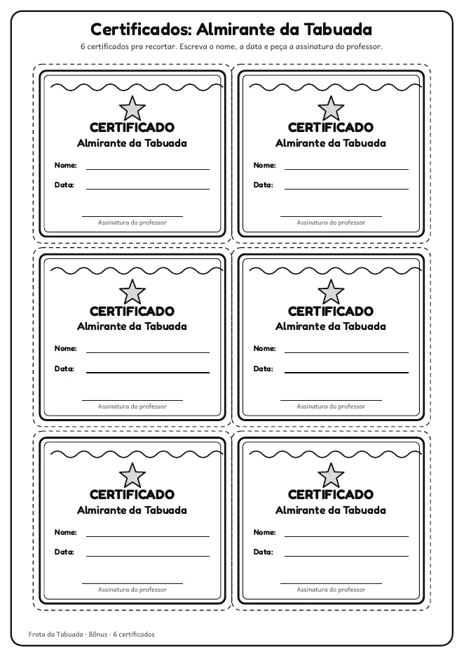 Página real do PDF bônus: 6 certificados Almirante da Tabuada pra recortar
