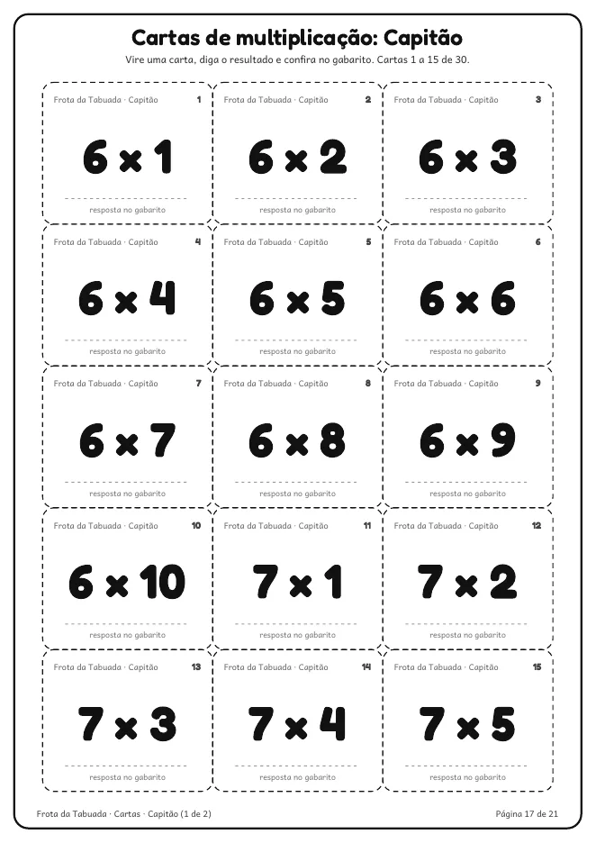 Página real do PDF Frota da Tabuada: página de cartas de multiplicação pra recortar