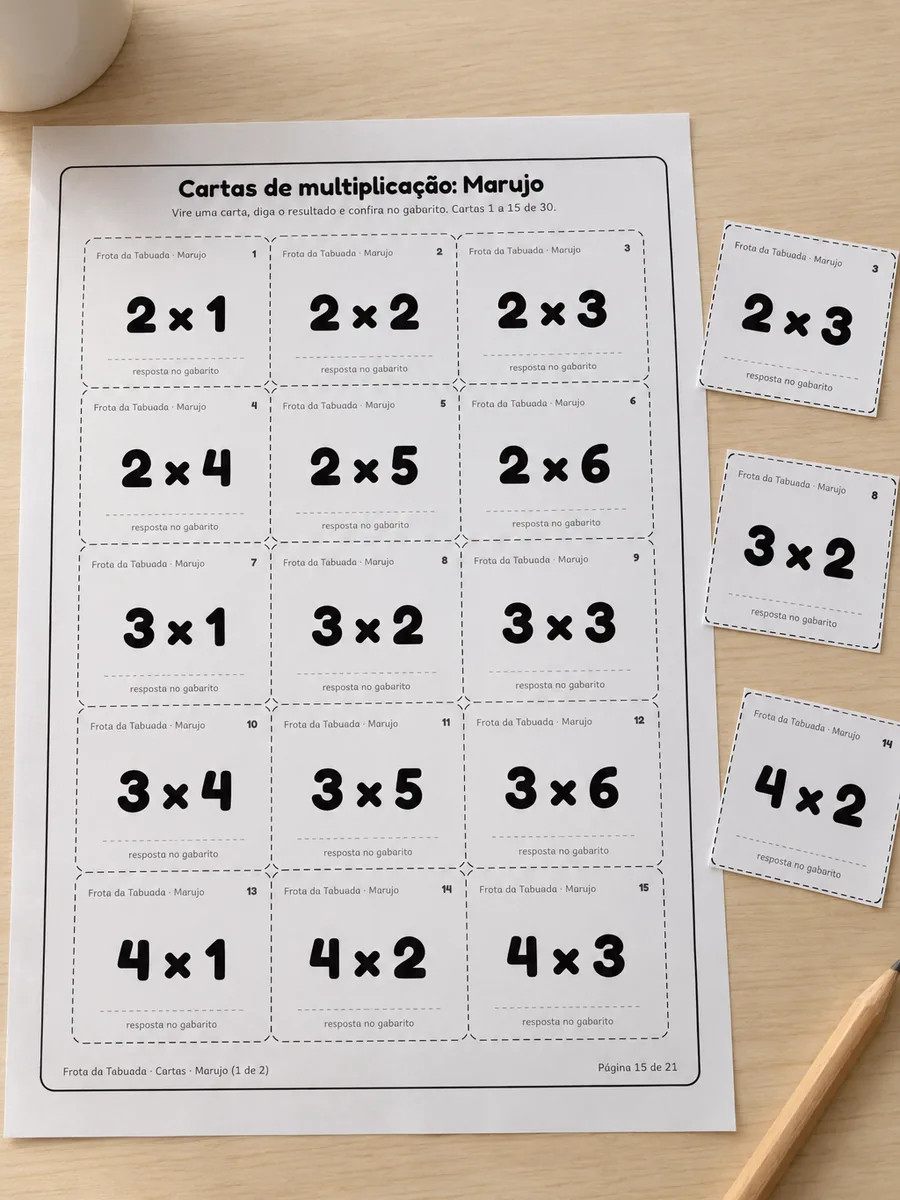 Folha de cartas de multiplicação com três cartas já recortadas ao lado