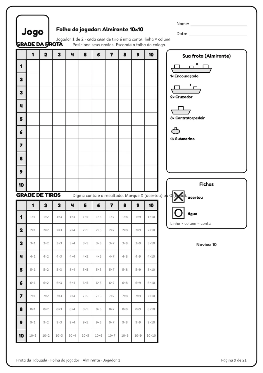Folha do jogador Almirante com duas grades 10×10: a da frota e a de tiros