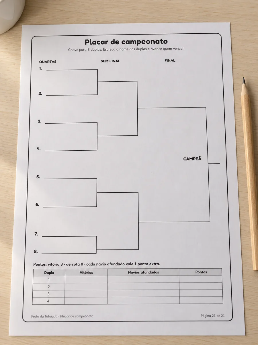 Folha do placar de campeonato com a chave de eliminatórias e a tabela de pontos